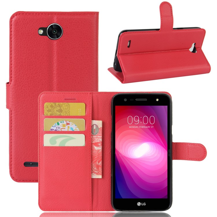 Litchi Grain Leather Wallet Shell with Stand for LG X Power 2 - Red-1