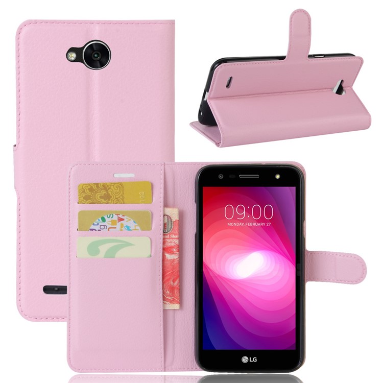 Litchi Skin Wallet Leather Mobile Phone Case with Stand for LG X Power 2 - Pink-1