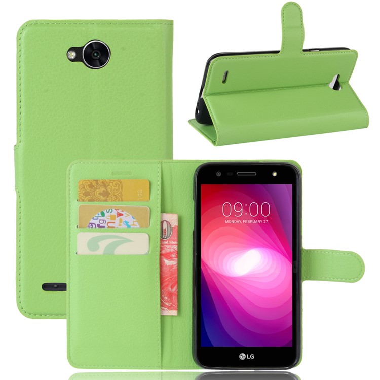 Cell Phone Accessory Litchi Grain Wallet Stand Leather Case for LG X Power 2 - Green-1