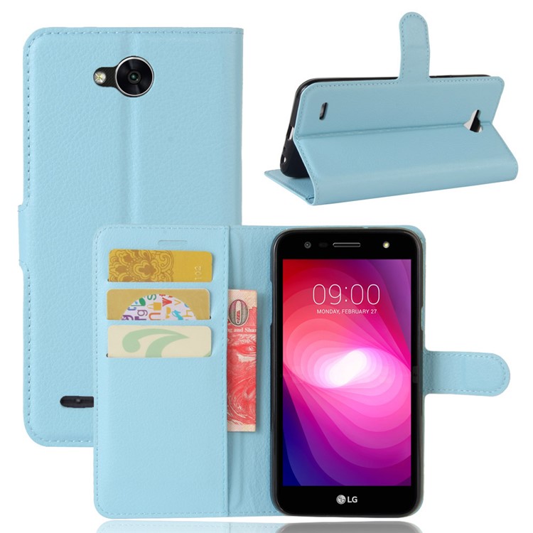 Litchi Grain Wallet Stand PU Leather Mobile Phone Shell for LG X Power 2 - Blue-1