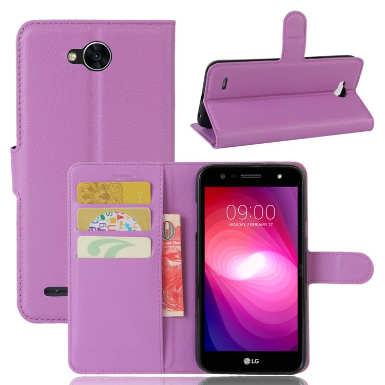 Litchi Skin Wallet Stand PU Leather Mobile Casing for LG X Power 2 - Purple-1