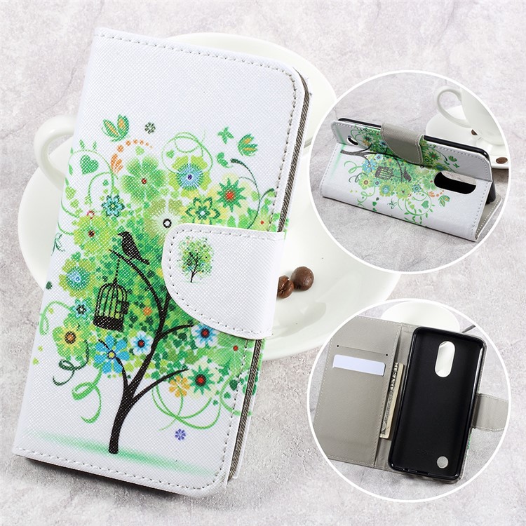 For LG Aristo LV3 MS210 / K8 2017 M200N Patterned PU Leather Card Slots Shell Case - Green Flowers Tree and Bird-1