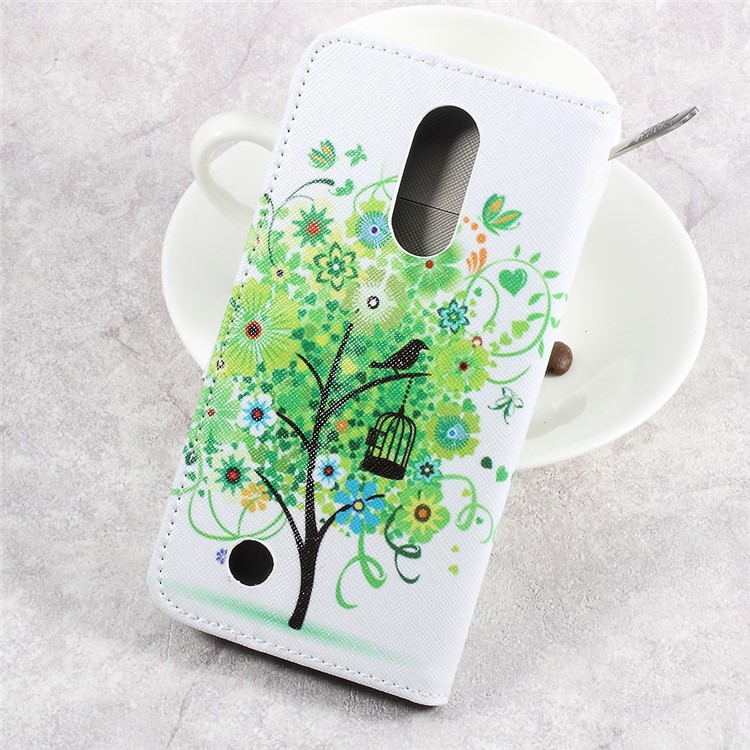 For LG Aristo LV3 MS210 / K8 2017 M200N Patterned PU Leather Card Slots Shell Case - Green Flowers Tree and Bird-2