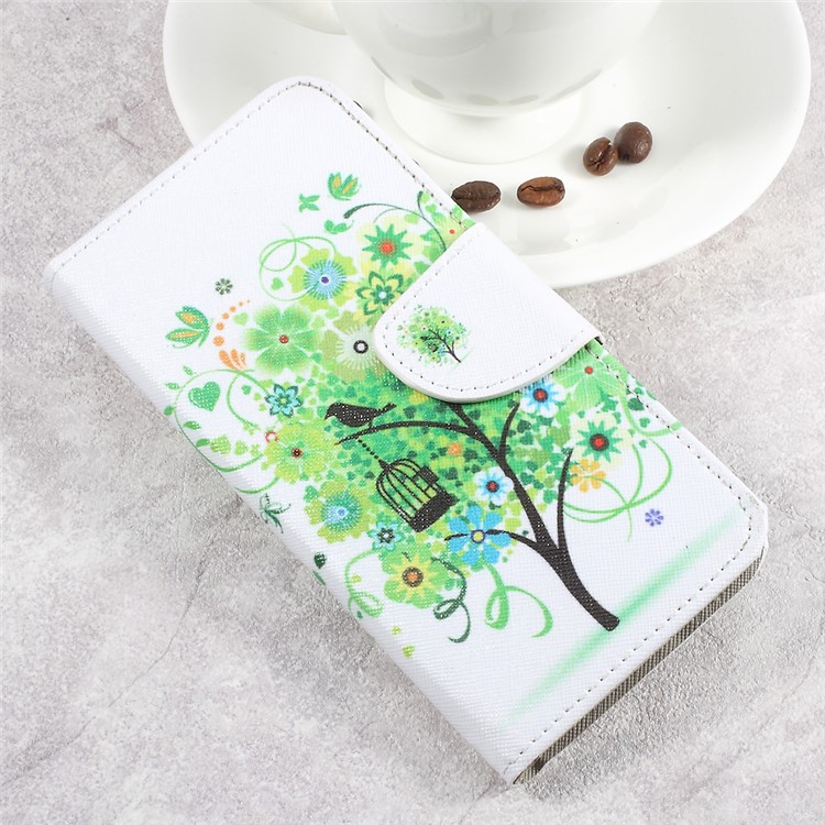 For LG Aristo LV3 MS210 / K8 2017 M200N Patterned PU Leather Card Slots Shell Case - Green Flowers Tree and Bird-3