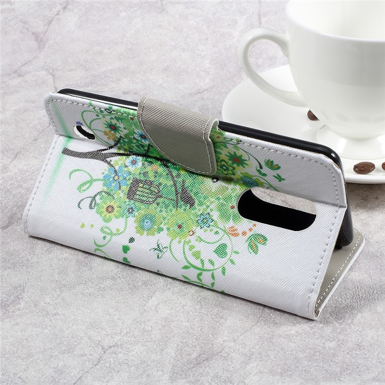 For LG Aristo LV3 MS210 / K8 2017 M200N Patterned PU Leather Card Slots Shell Case - Green Flowers Tree and Bird-5