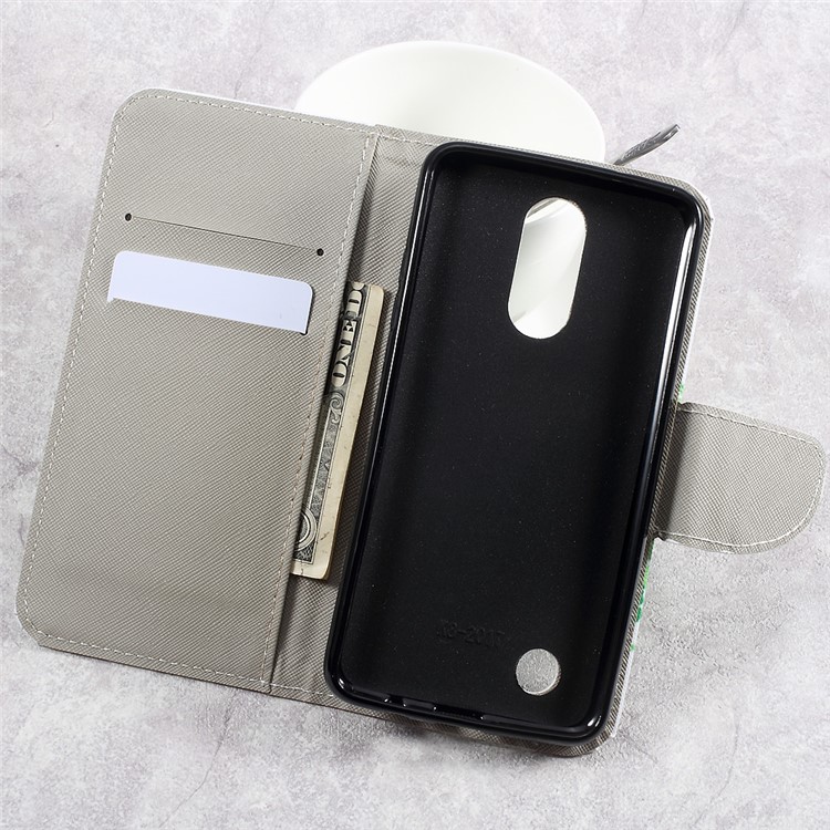 For LG Aristo LV3 MS210 / K8 2017 M200N Patterned PU Leather Card Slots Shell Case - Green Flowers Tree and Bird-6