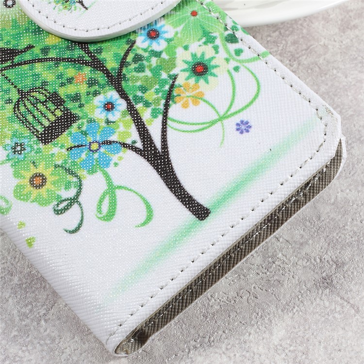 For LG Aristo LV3 MS210 / K8 2017 M200N Patterned PU Leather Card Slots Shell Case - Green Flowers Tree and Bird-7