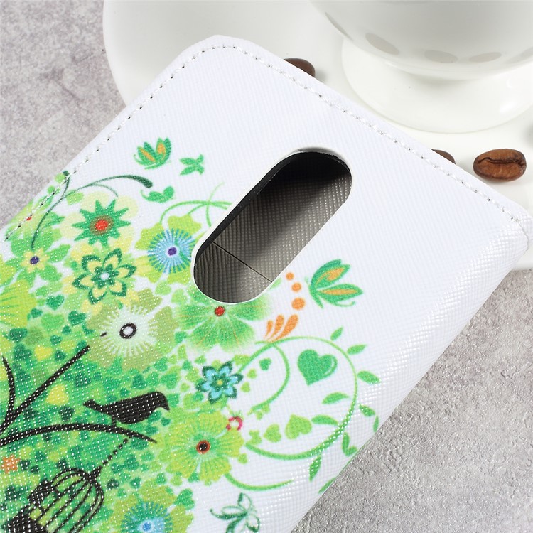 For LG Aristo LV3 MS210 / K8 2017 M200N Patterned PU Leather Card Slots Shell Case - Green Flowers Tree and Bird-8