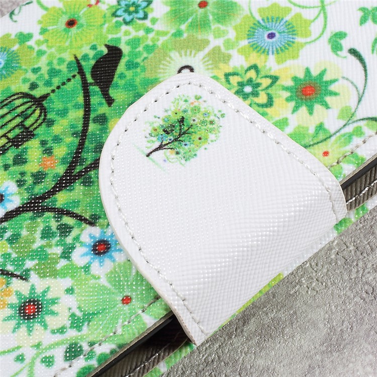 For LG Aristo LV3 MS210 / K8 2017 M200N Patterned PU Leather Card Slots Shell Case - Green Flowers Tree and Bird-9
