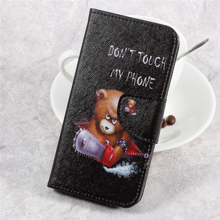 For LG Aristo LV3 MS210 / K8 2017 M200N Patterned PU Leather Card Slots Mobile Shell - Angry Bear and Warning Words-1