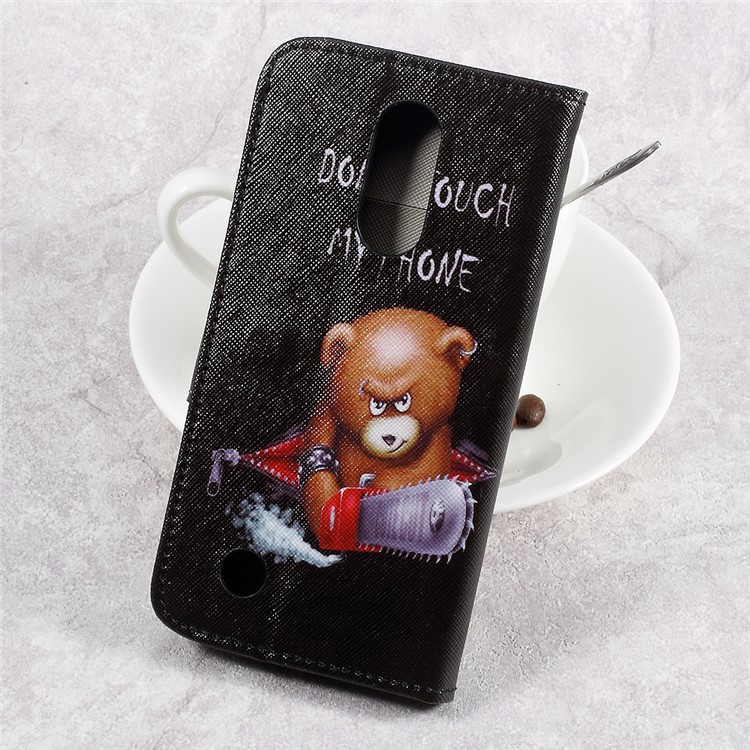 For LG Aristo LV3 MS210 / K8 2017 M200N Patterned PU Leather Card Slots Mobile Shell - Angry Bear and Warning Words-2