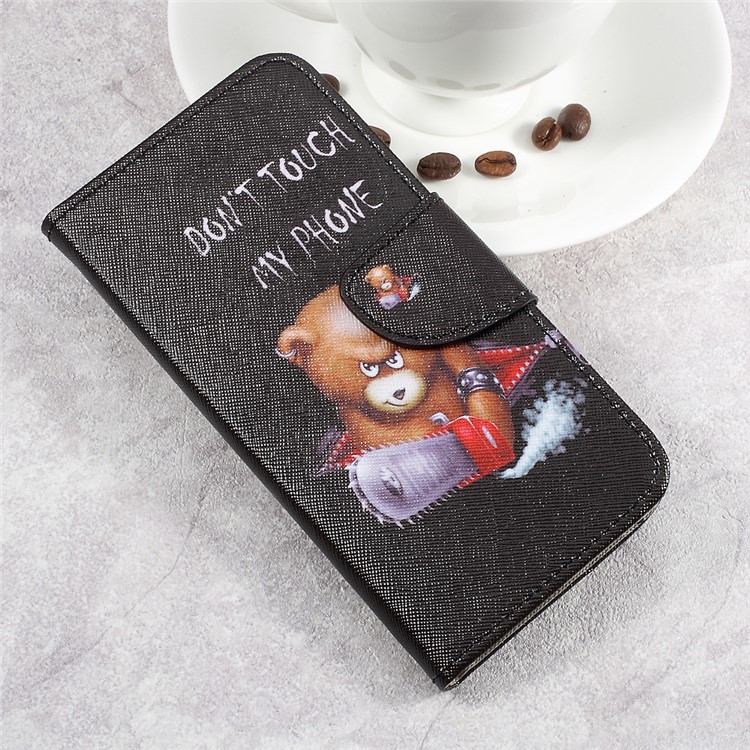 For LG Aristo LV3 MS210 / K8 2017 M200N Patterned PU Leather Card Slots Mobile Shell - Angry Bear and Warning Words-3