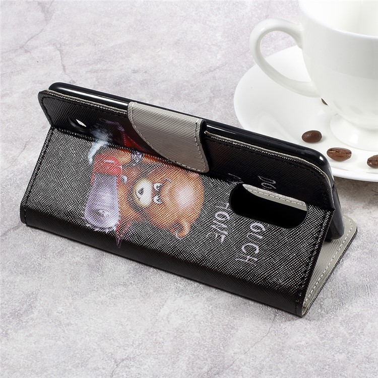 For LG Aristo LV3 MS210 / K8 2017 M200N Patterned PU Leather Card Slots Mobile Shell - Angry Bear and Warning Words-5