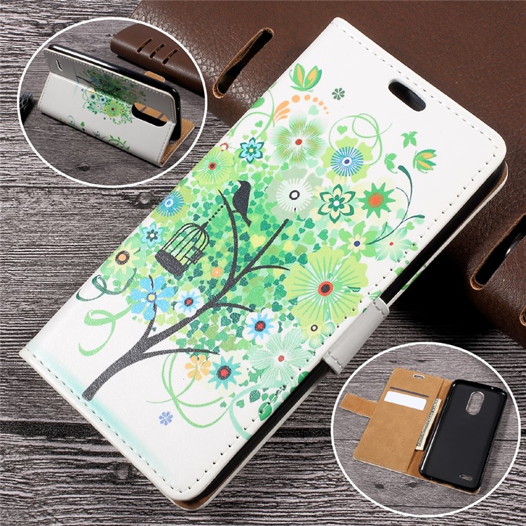 Patterned Leather Wallet Mobile Case for LG K4 (2017) - Green Flowers Tree Birdcage-1