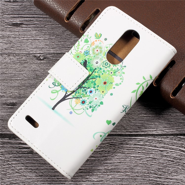 Patterned Leather Wallet Mobile Case for LG K4 (2017) - Green Flowers Tree Birdcage-2