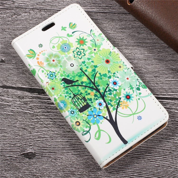 Patterned Leather Wallet Mobile Case for LG K4 (2017) - Green Flowers Tree Birdcage-3