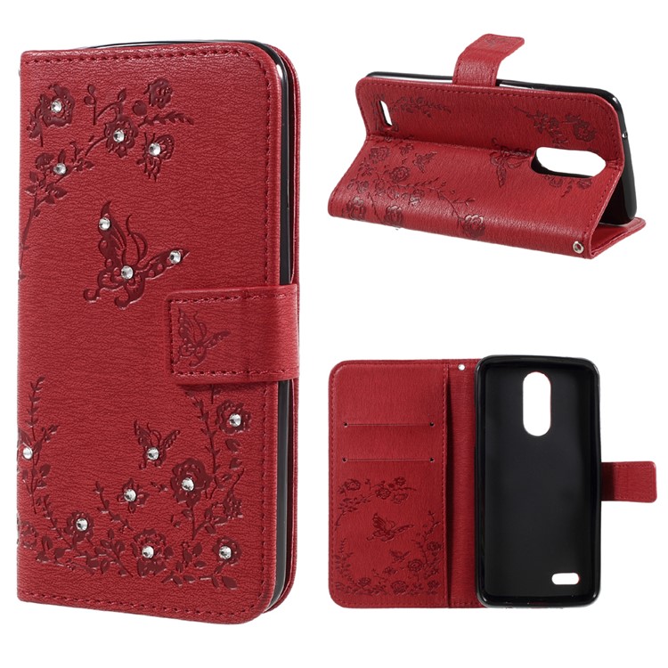 Imprinted Butterfly Flowers Rhinestone Leather Wallet Case for LG K4 (2017) EU Version - Red-1