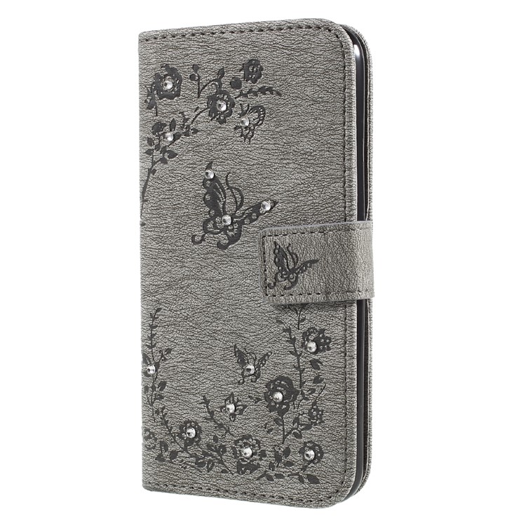 Imprinted Butterfly Flowers Rhinestone Leather Wallet Cover for LG K4 (2017) EU Version - Grey-1