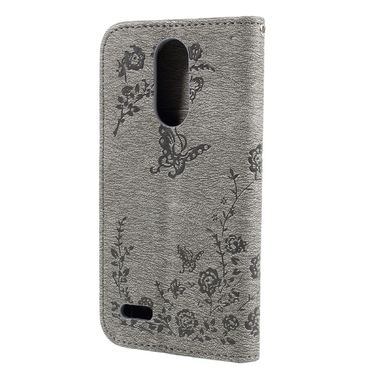 Imprinted Butterfly Flowers Rhinestone Leather Wallet Cover for LG K4 (2017) EU Version - Grey-2