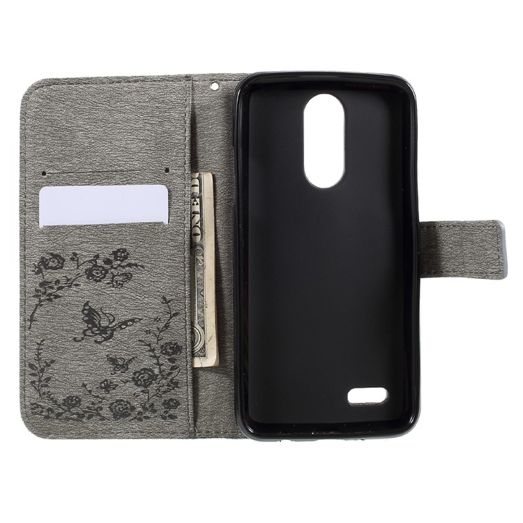 Imprinted Butterfly Flowers Rhinestone Leather Wallet Cover for LG K4 (2017) EU Version - Grey-5