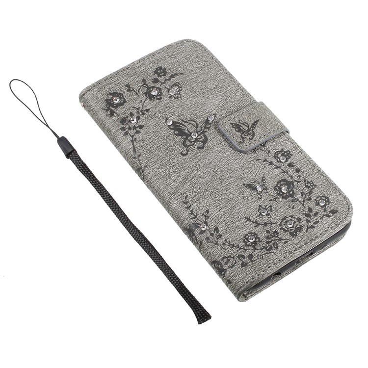 Imprinted Butterfly Flowers Rhinestone Leather Wallet Cover for LG K4 (2017) EU Version - Grey-6