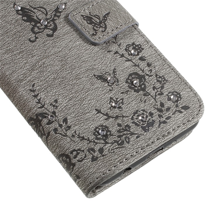 Imprinted Butterfly Flowers Rhinestone Leather Wallet Cover for LG K4 (2017) EU Version - Grey-7