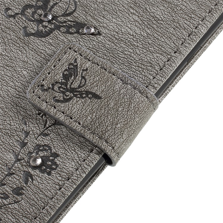 Imprinted Butterfly Flowers Rhinestone Leather Wallet Cover for LG K4 (2017) EU Version - Grey-9