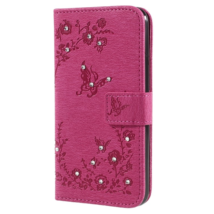 Imprinted Butterfly Flowers Rhinestone Leather Card Holder Case for LG K4 (2017) EU Version - Rose-1