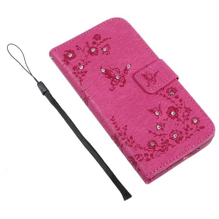 Imprinted Butterfly Flowers Rhinestone Leather Card Holder Case for LG K4 (2017) EU Version - Rose-6