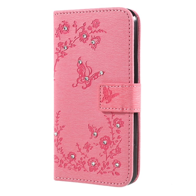 Imprinted Butterfly Flowers Rhinestone PU Leather Wallet Case for LG K4 (2017) EU Version - Pink-1