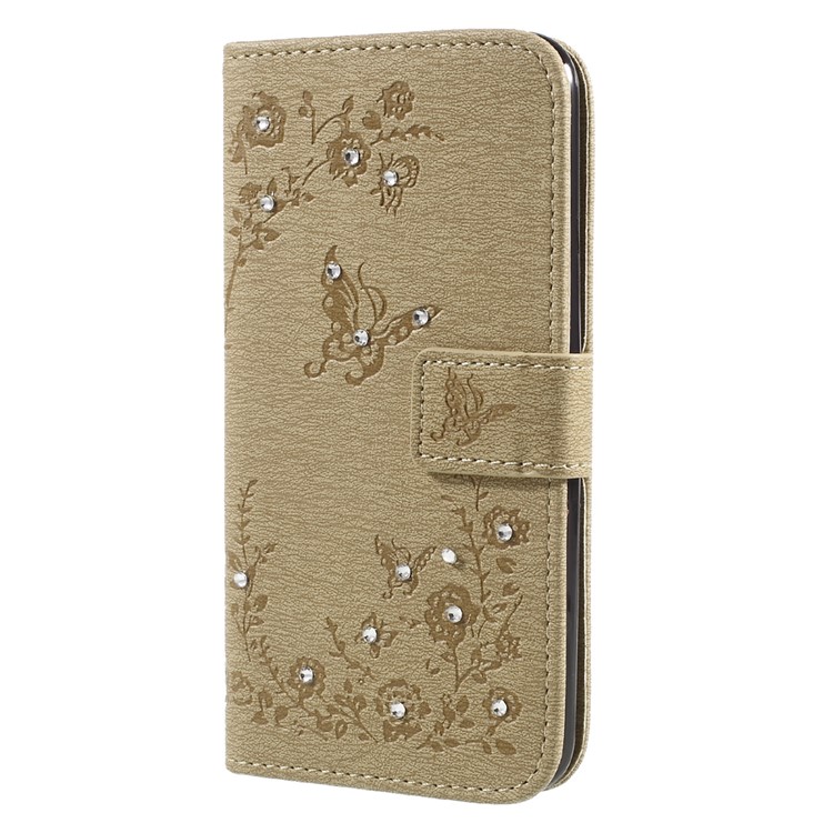 Imprinted Butterfly Flowers Rhinestone Leather Wallet Case Cover for LG K4 (2017) EU Version - Khaki-1