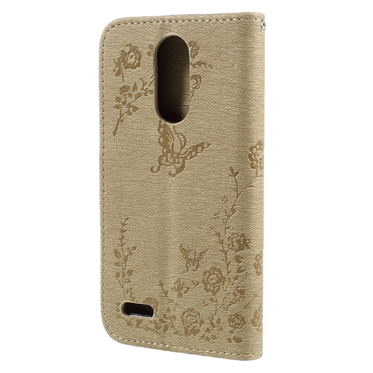 Imprinted Butterfly Flowers Rhinestone Leather Wallet Case Cover for LG K4 (2017) EU Version - Khaki-2