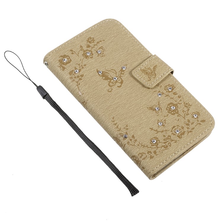 Imprinted Butterfly Flowers Rhinestone Leather Wallet Case Cover for LG K4 (2017) EU Version - Khaki-6