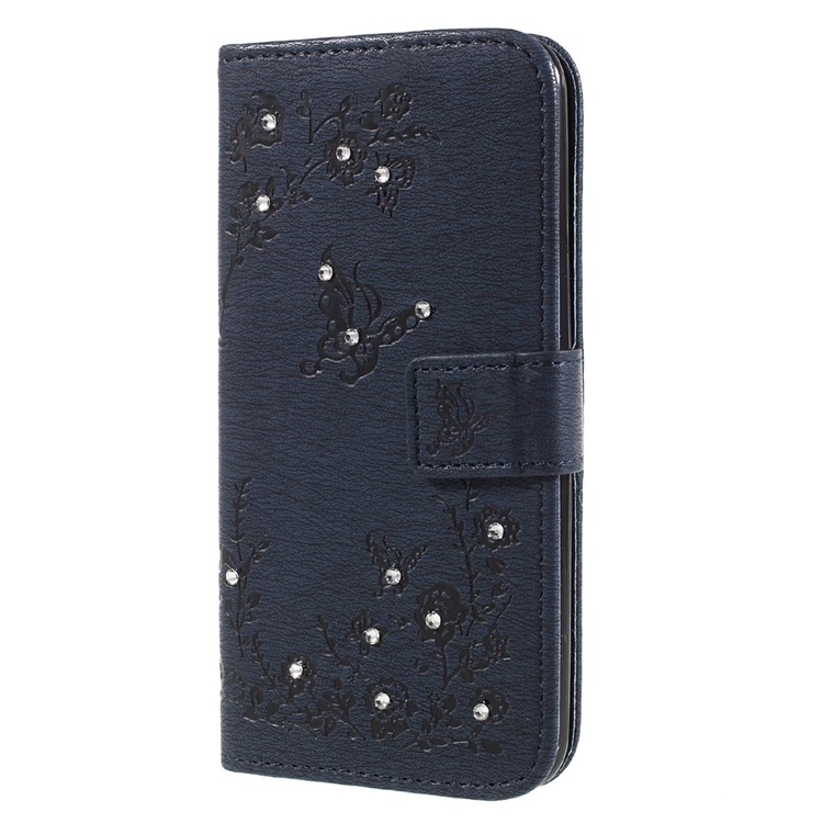 Imprinted Butterfly Flowers Rhinestone Leather Wallet Case Accessory for LG K4 (2017) EU Version - Dark Blue-1