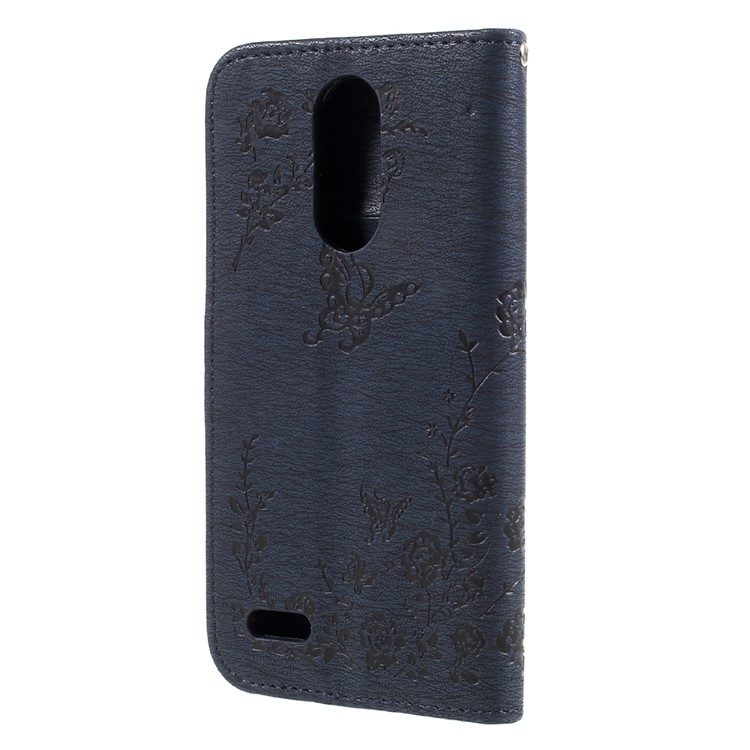 Imprinted Butterfly Flowers Rhinestone Leather Wallet Case Accessory for LG K4 (2017) EU Version - Dark Blue-2