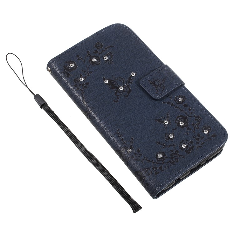 Imprinted Butterfly Flowers Rhinestone Leather Wallet Case Accessory for LG K4 (2017) EU Version - Dark Blue-6