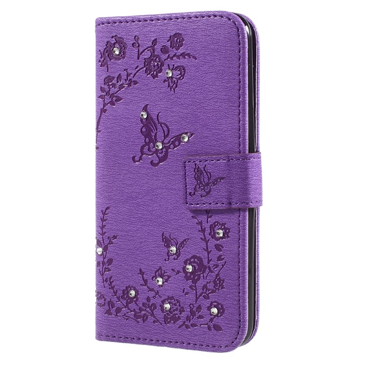 Imprinted Butterfly Flowers Rhinestone Flip Leather Stand Case for LG K4 (2017) EU Version - Purple-1