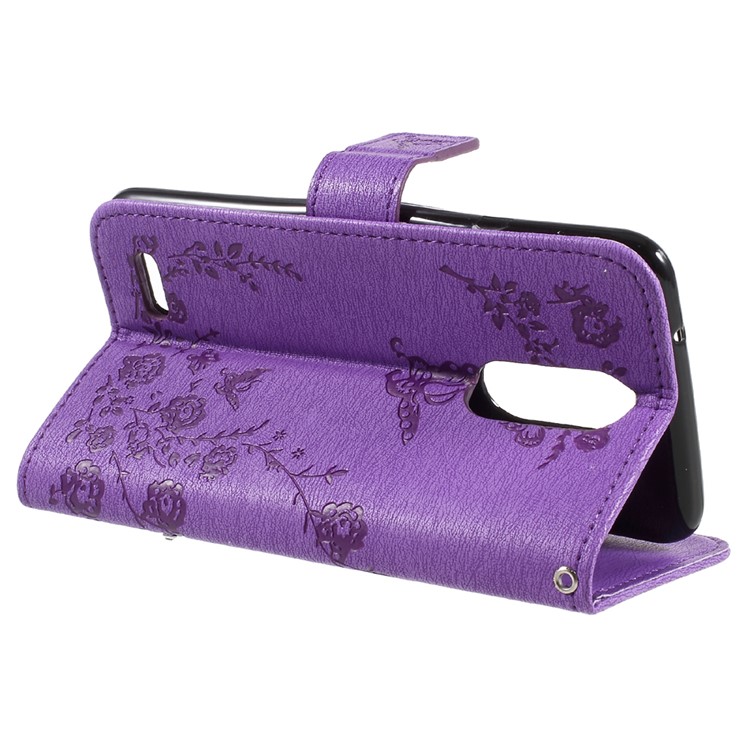 Imprinted Butterfly Flowers Rhinestone Flip Leather Stand Case for LG K4 (2017) EU Version - Purple-4