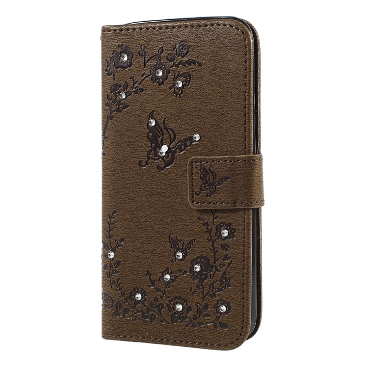 Imprinted Butterfly Flowers Rhinestone Leather Mobile Phone Wallet Shell for LG K4 (2017) EU Version - Brown-1