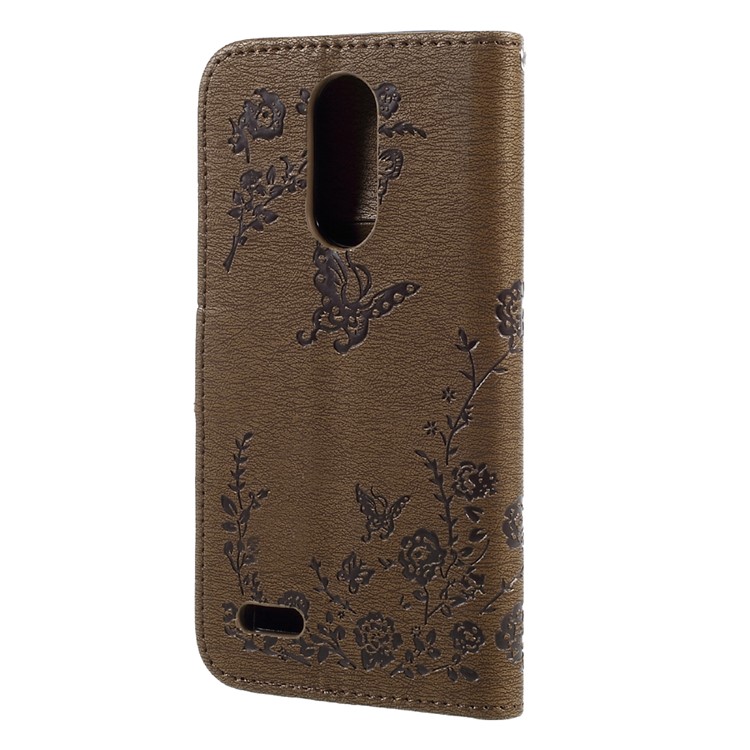 Imprinted Butterfly Flowers Rhinestone Leather Mobile Phone Wallet Shell for LG K4 (2017) EU Version - Brown-2