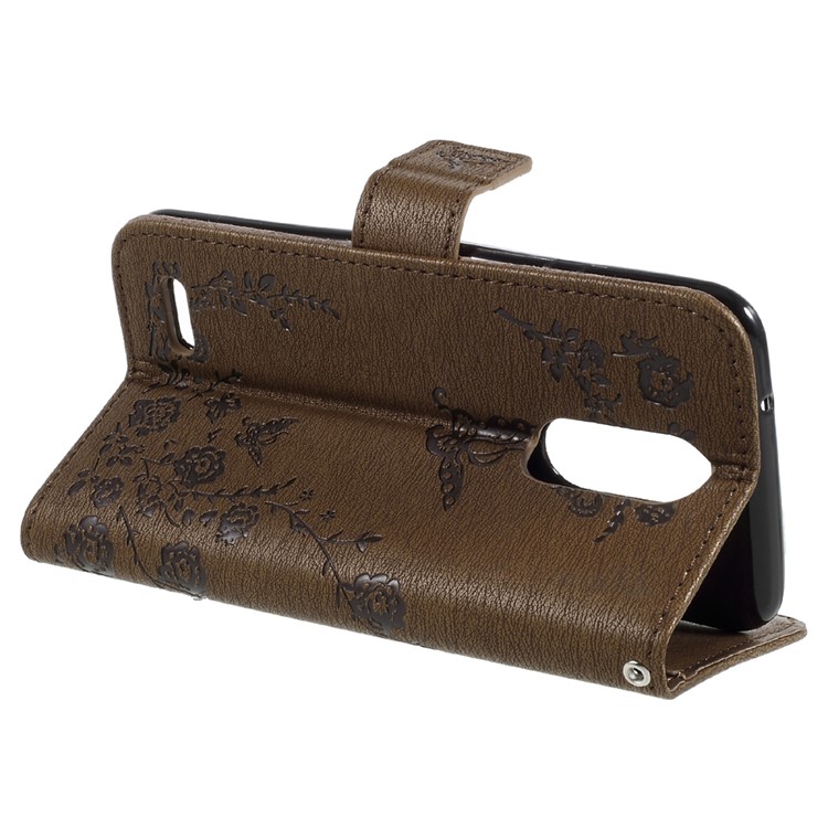 Imprinted Butterfly Flowers Rhinestone Leather Mobile Phone Wallet Shell for LG K4 (2017) EU Version - Brown-4