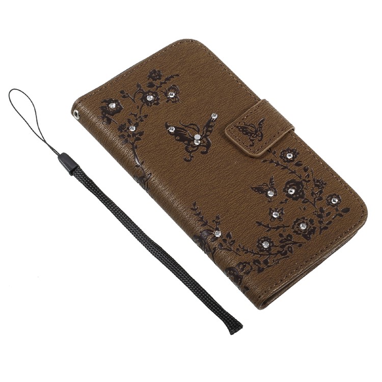 Imprinted Butterfly Flowers Rhinestone Leather Mobile Phone Wallet Shell for LG K4 (2017) EU Version - Brown-6