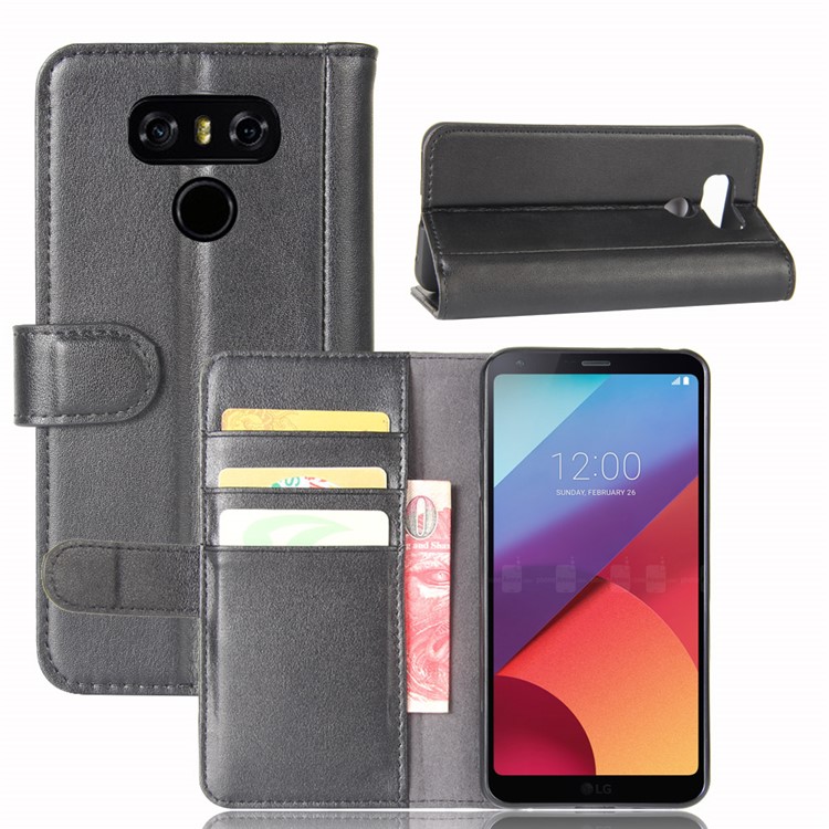 Genuine Split Leather Wallet Phone Case with Stand for LG G6 - Black-1