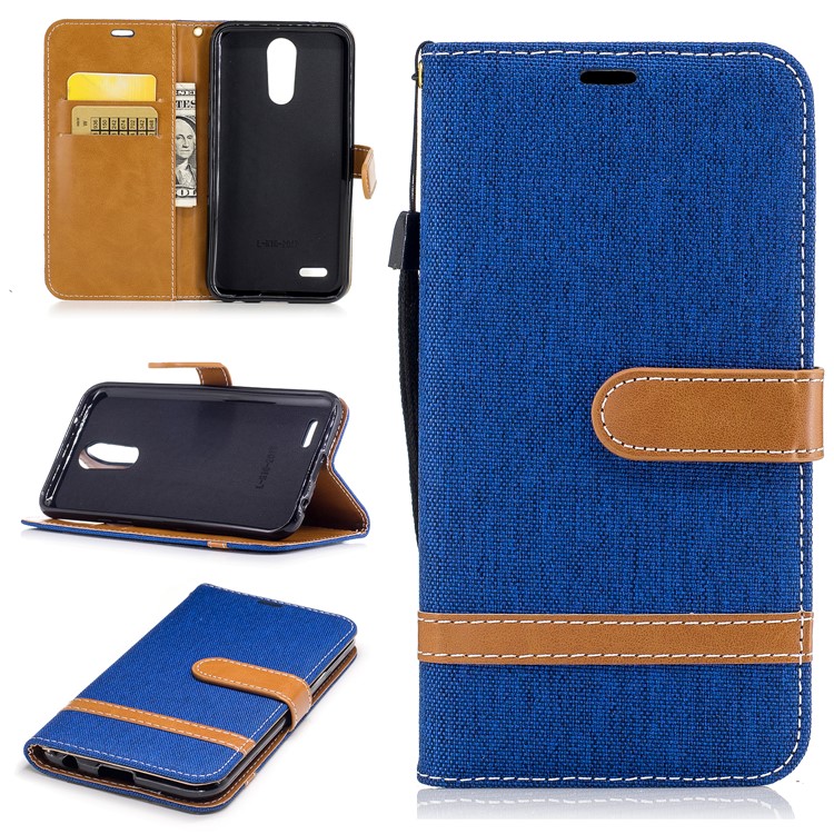 Two-tone Jean Cloth PU Leather Wallet Flip Stand Cellphone Cover for LG K10 (2017) EU Version - Baby Blue-1