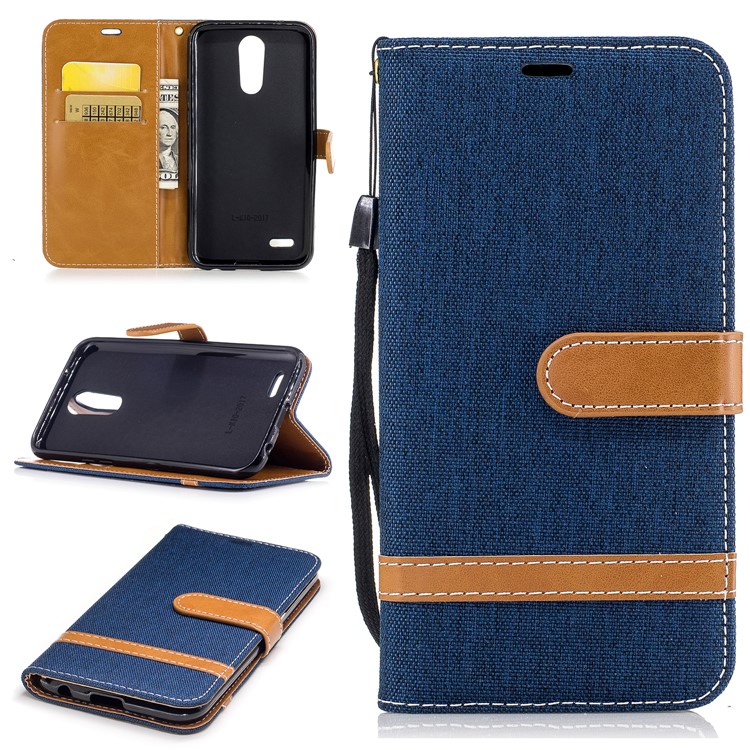 Two-tone Jean Cloth PU Leather Wallet Flip Stand Mobile Phone Case Cover for LG K10 (2017) EU Version - Dark Blue-1