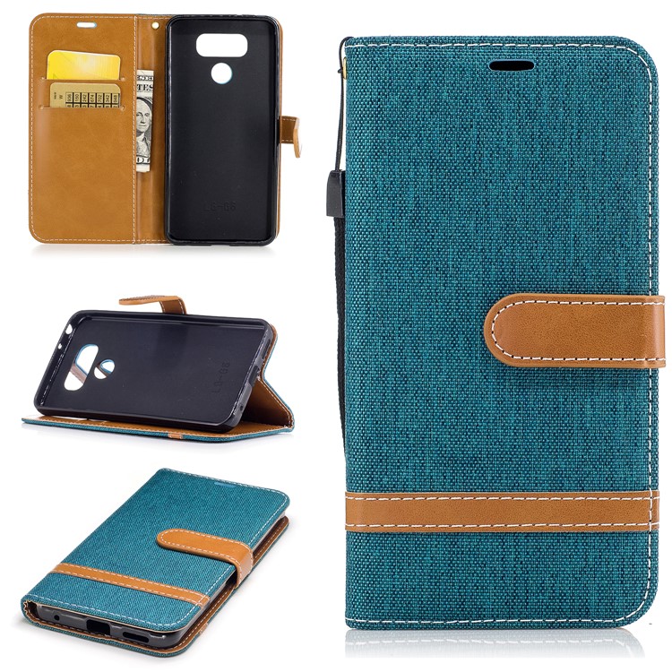 Two-tone Jean Cloth Leather Wallet Mobile Case Accessory for LG G6 - Cyan-1