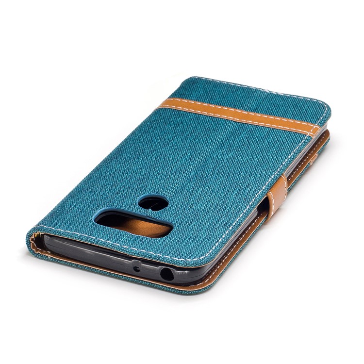 Two-tone Jean Cloth Leather Wallet Mobile Case Accessory for LG G6 - Cyan-7
