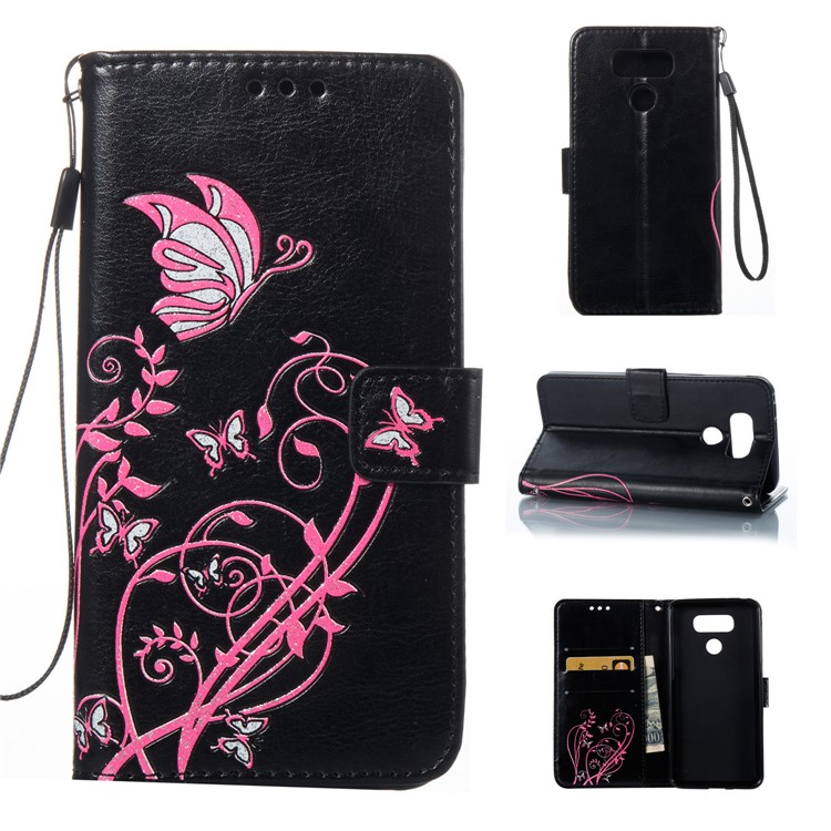 Imprint Colored Butterfly and Flower Leather Case for LG G6 - Black-1