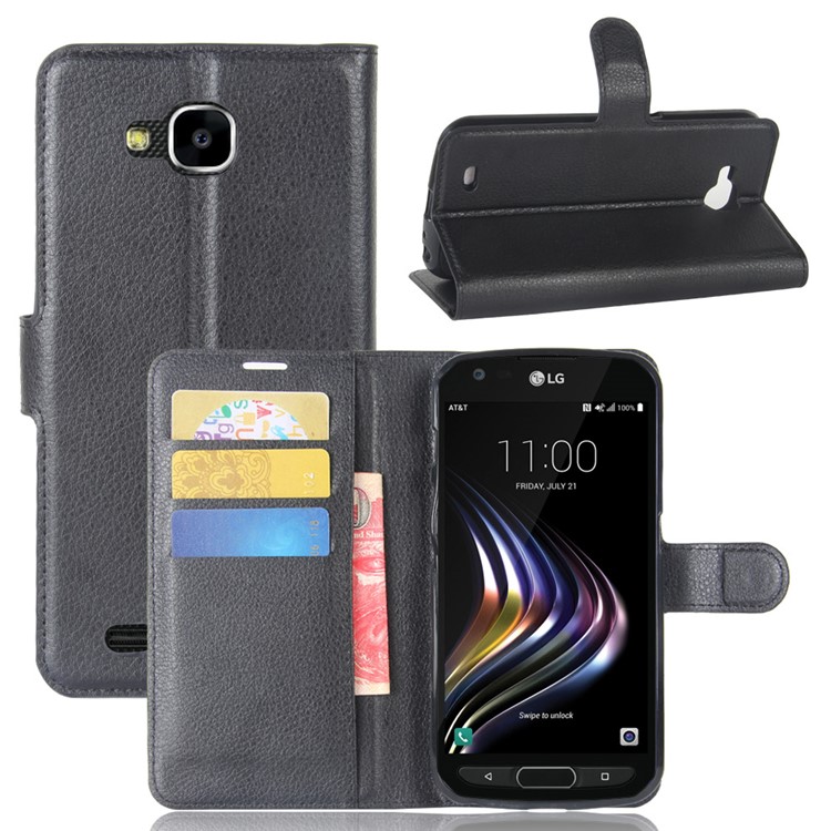 Litchi Skin PU Leather Wallet Stand Phone Case for LG X venture - Black-1