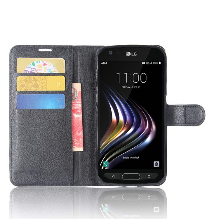 Litchi Skin PU Leather Wallet Stand Phone Case for LG X venture - Black-4